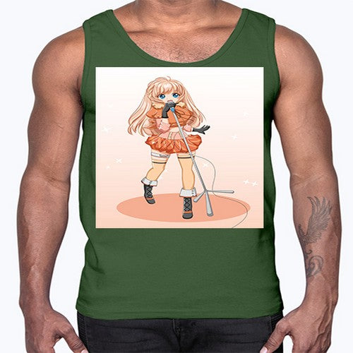 Happy and beautiful singer woman with microphone 160#- anime- Cotton Tank