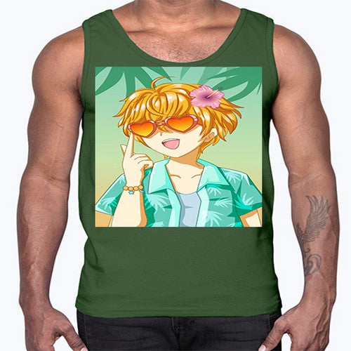 Happy and cute boy with glasses in beach in the summer 180#- anime- Cotton Tank