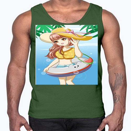 Happy and funny girl in beach with cute buoy in the summer 11#- anime- Cotton Tank