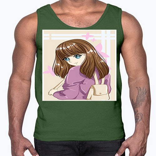 Happy and pretty college student carrying a bag 102#- anime- Cotton Tank