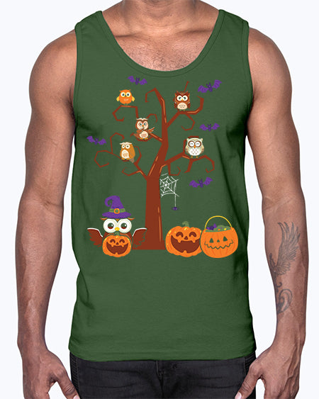 Owl With Pumpkin Halloween Tree A TurtleRabbit 16#- owl- Cotton Tank