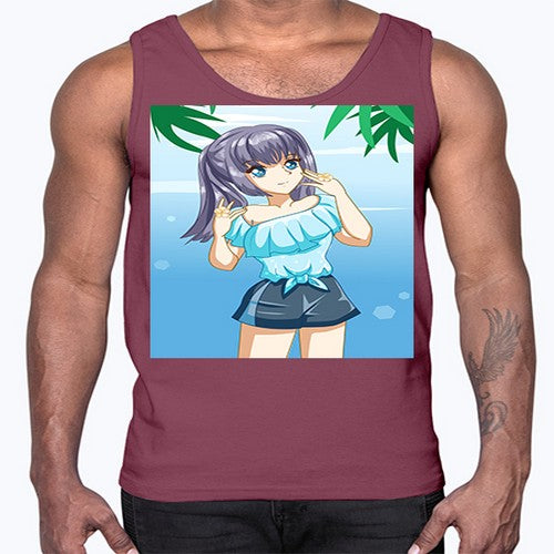 Cute and happy girl with blue shirt in summer 125#- anime- Cotton Tank