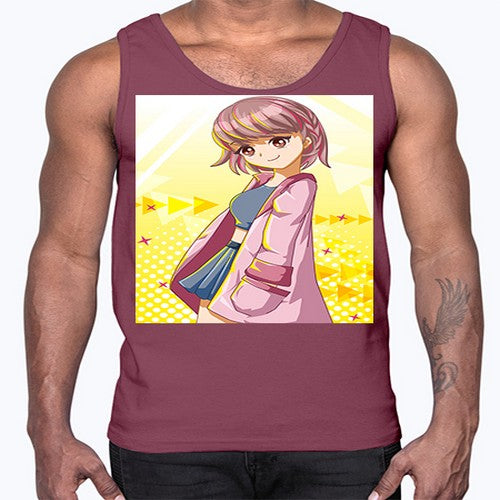 Cute and happy girl with pink coat 111#- anime- Cotton Tank