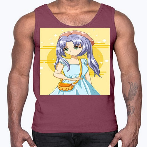 Cute and soft girl blue hair with blue dress in summer holiday 60#- anime- Cotton Tank