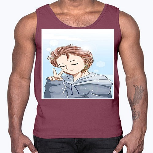 Cute boy brown hair with blue jacket 126#- anime- Cotton Tank
