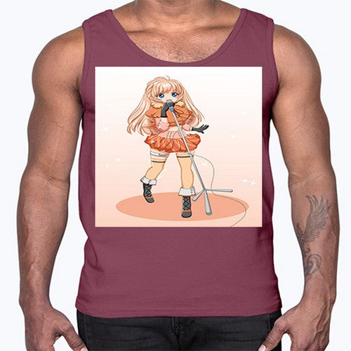 Happy and beautiful singer woman with microphone 160#- anime- Cotton Tank