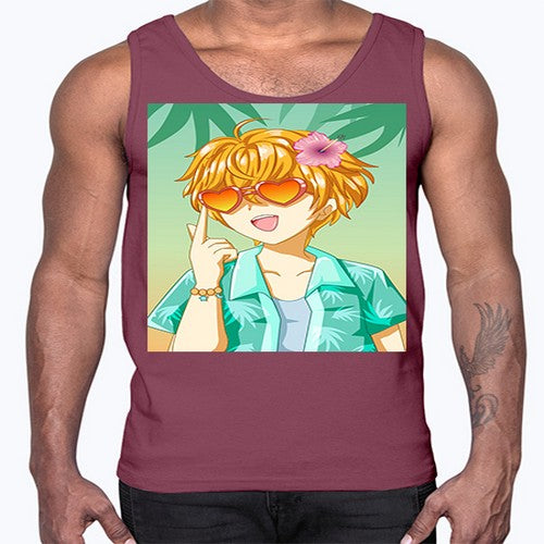 Happy and cute boy with glasses in beach in the summer 180#- anime- Cotton Tank