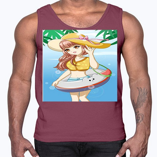 Happy and funny girl in beach with cute buoy in the summer 11#- anime- Cotton Tank