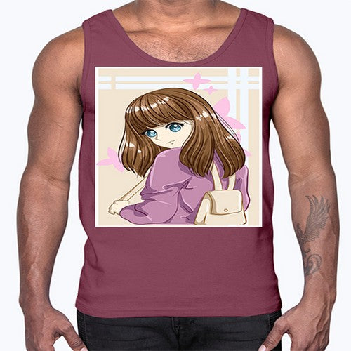 Happy and pretty college student carrying a bag 102#- anime- Cotton Tank