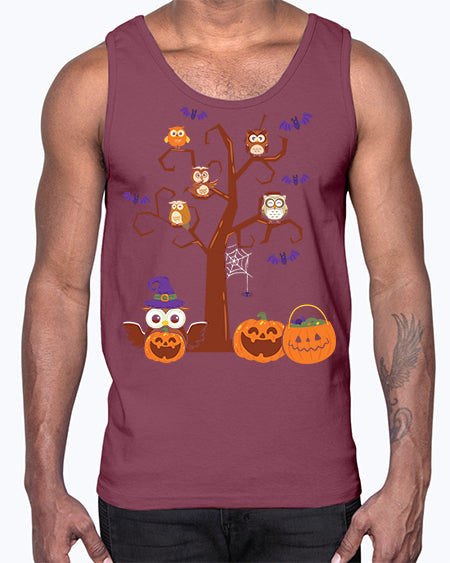 Owl With Pumpkin Halloween Tree A TurtleRabbit 16#- owl- Cotton Tank