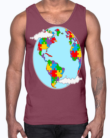 earth autism awareness heart puzzle 83#- autism- Cotton Tank