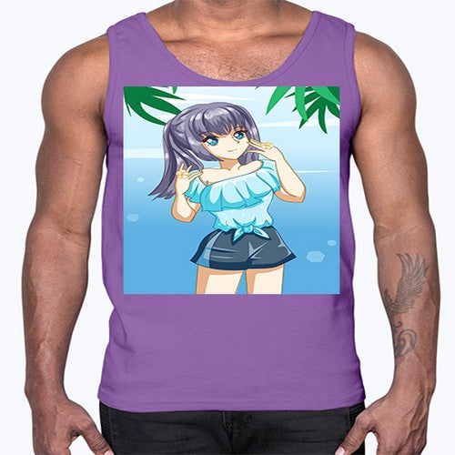 Cute and happy girl with blue shirt in summer 125#- anime- Cotton Tank