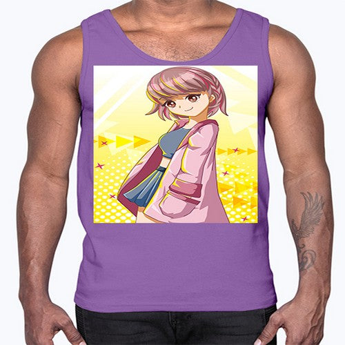 Cute and happy girl with pink coat 111#- anime- Cotton Tank