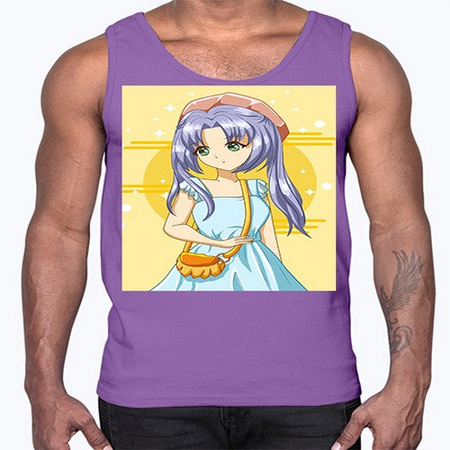 Cute and soft girl blue hair with blue dress in summer holiday 60#- anime- Cotton Tank