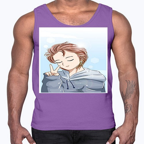 Cute boy brown hair with blue jacket 126#- anime- Cotton Tank