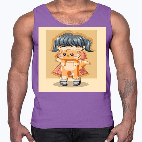 Cute girl with cat animal day 135#- anime- Cotton Tank
