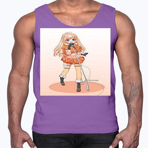 Happy and beautiful singer woman with microphone 160#- anime- Cotton Tank