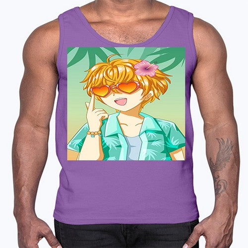 Happy and cute boy with glasses in beach in the summer 180#- anime- Cotton Tank
