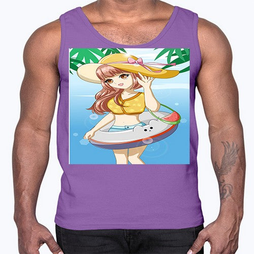 Happy and funny girl in beach with cute buoy in the summer 11#- anime- Cotton Tank