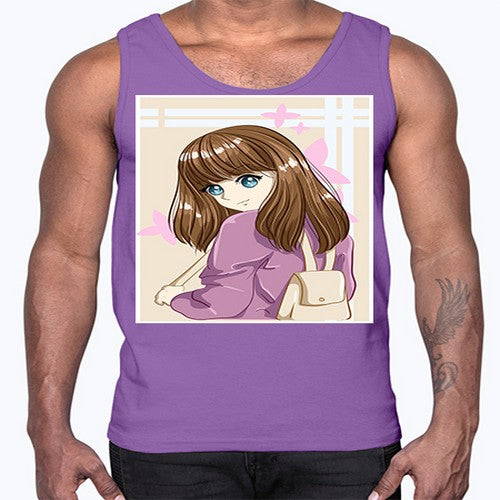Happy and pretty college student carrying a bag 102#- anime- Cotton Tank