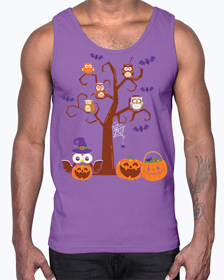 Owl With Pumpkin Halloween Tree A TurtleRabbit 16#- owl- Cotton Tank
