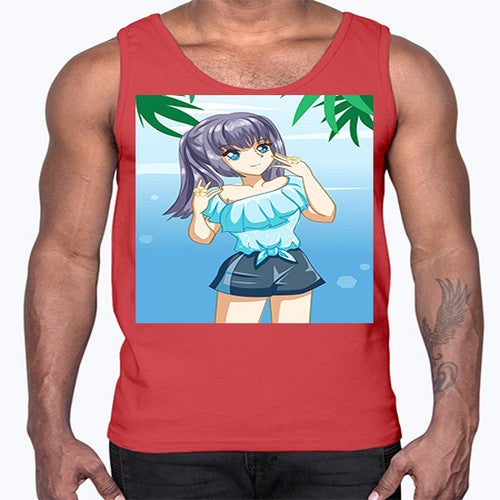 Cute and happy girl with blue shirt in summer 125#- anime- Cotton Tank