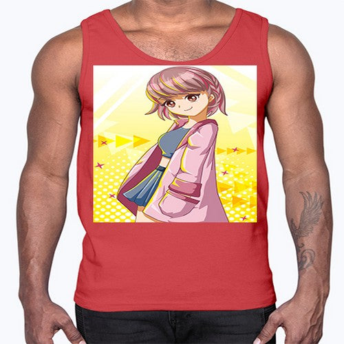 Cute and happy girl with pink coat 111#- anime- Cotton Tank
