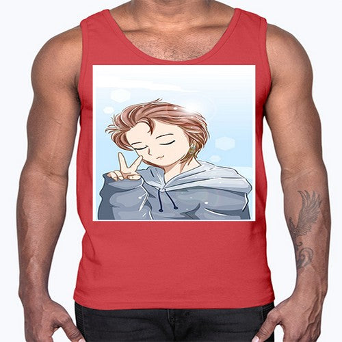 Cute boy brown hair with blue jacket 126#- anime- Cotton Tank