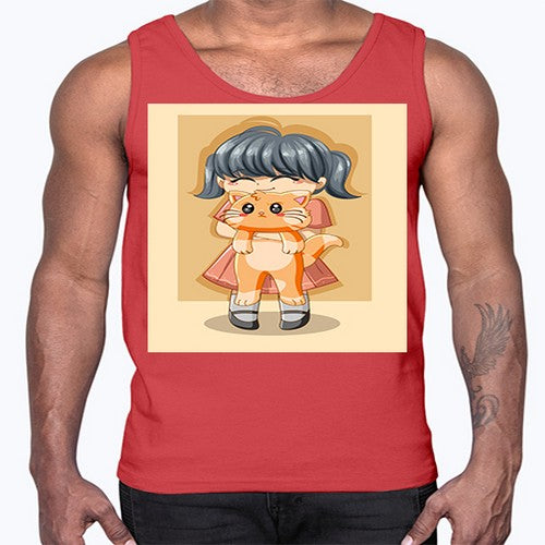 Cute girl with cat animal day 135#- anime- Cotton Tank