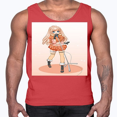 Happy and beautiful singer woman with microphone 160#- anime- Cotton Tank