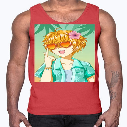 Happy and cute boy with glasses in beach in the summer 180#- anime- Cotton Tank