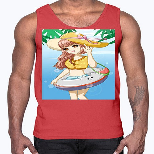 Happy and funny girl in beach with cute buoy in the summer 11#- anime- Cotton Tank