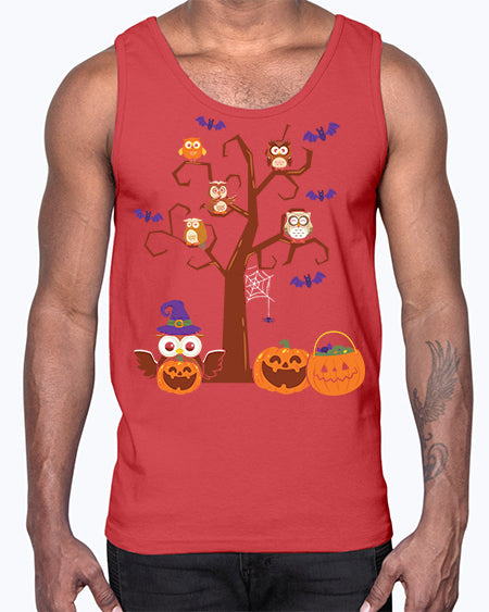 Owl With Pumpkin Halloween Tree A TurtleRabbit 16#- owl- Cotton Tank