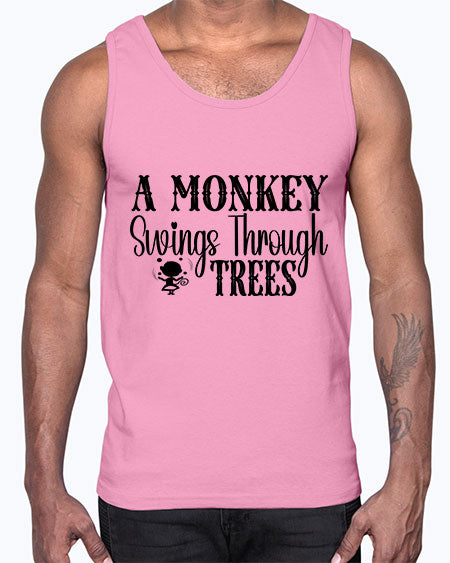A monkey swings through trees - monkey- Cotton Tank