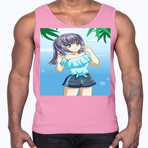 Cute and happy girl with blue shirt in summer 125#- anime- Cotton Tank