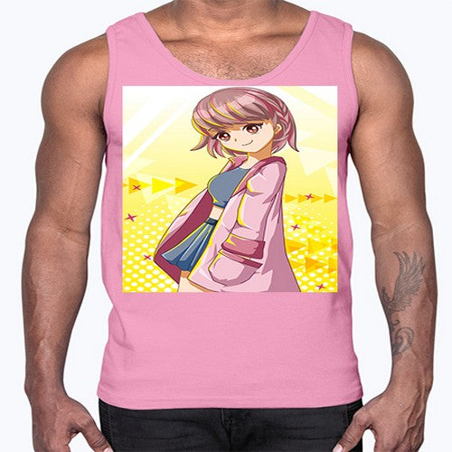 Cute and happy girl with pink coat 111#- anime- Cotton Tank