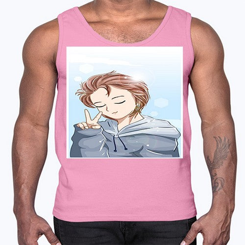 Cute boy brown hair with blue jacket 126#- anime- Cotton Tank