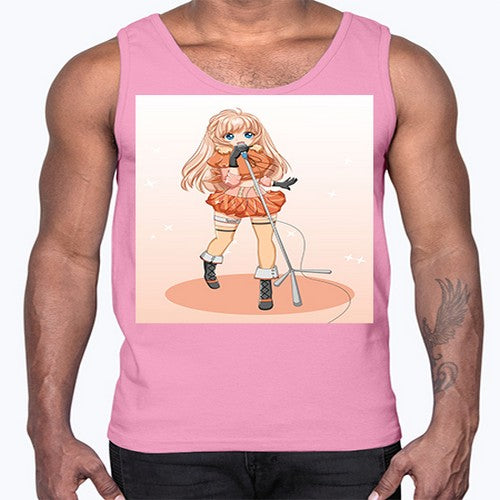 Happy and beautiful singer woman with microphone 160#- anime- Cotton Tank
