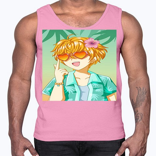 Happy and cute boy with glasses in beach in the summer 180#- anime- Cotton Tank