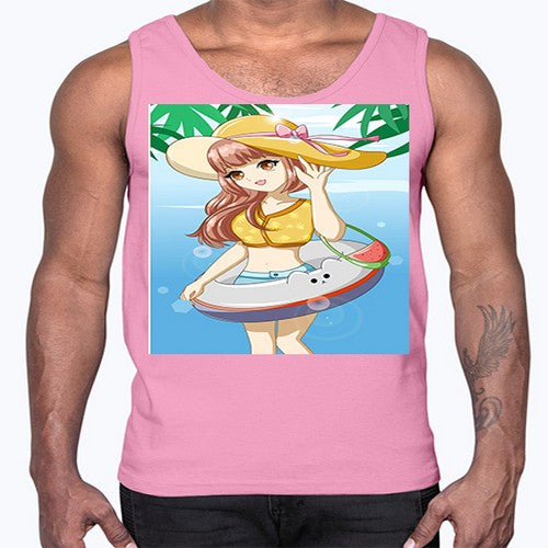 Happy and funny girl in beach with cute buoy in the summer 11#- anime- Cotton Tank