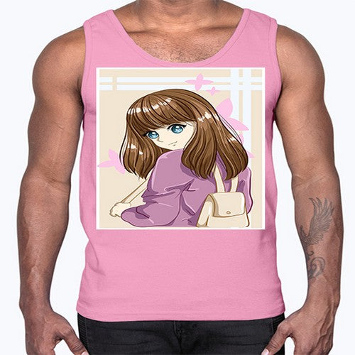 Happy and pretty college student carrying a bag 102#- anime- Cotton Tank