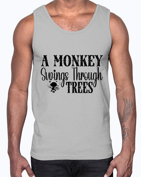 A monkey swings through trees - monkey- Cotton Tank