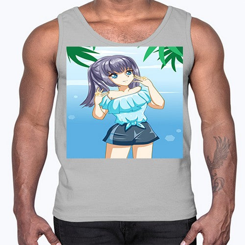 Cute and happy girl with blue shirt in summer 125#- anime- Cotton Tank