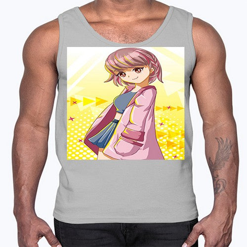 Cute and happy girl with pink coat 111#- anime- Cotton Tank