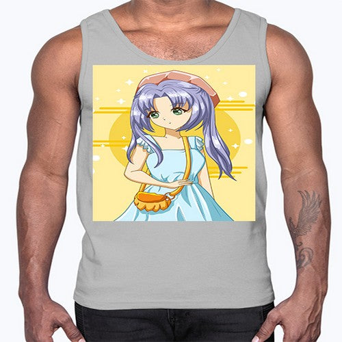 Cute and soft girl blue hair with blue dress in summer holiday 60#- anime- Cotton Tank