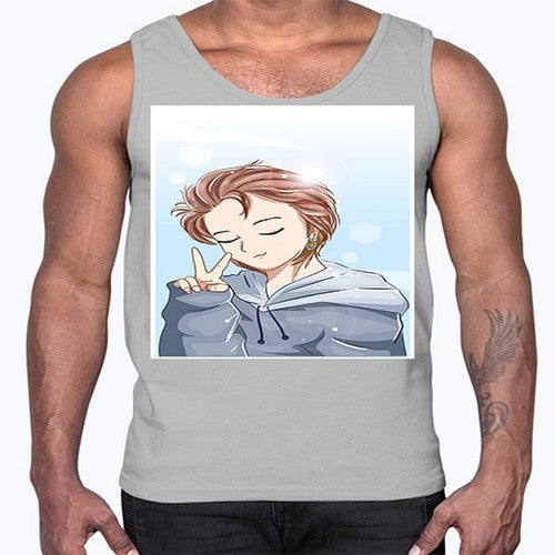 Cute boy brown hair with blue jacket 126#- anime- Cotton Tank