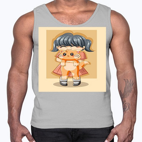 Cute girl with cat animal day 135#- anime- Cotton Tank