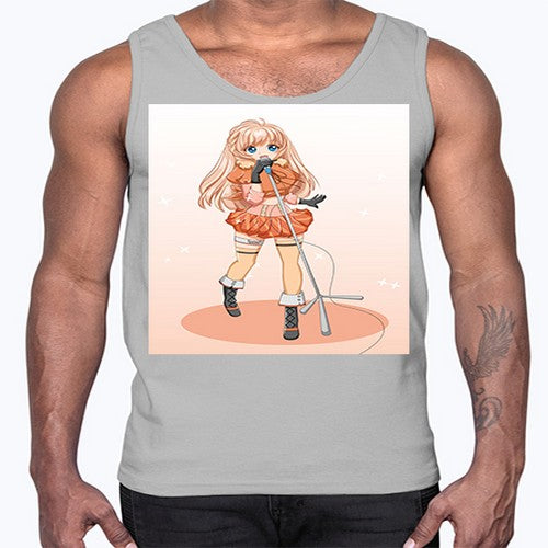 Happy and beautiful singer woman with microphone 160#- anime- Cotton Tank