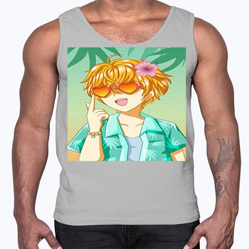 Happy and cute boy with glasses in beach in the summer 180#- anime- Cotton Tank
