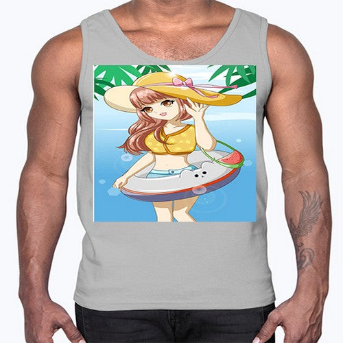 Happy and funny girl in beach with cute buoy in the summer 11#- anime- Cotton Tank